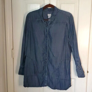 Womens Chico's Oversized Hidden Button Down Denim Shirt with 2 Side Pockets